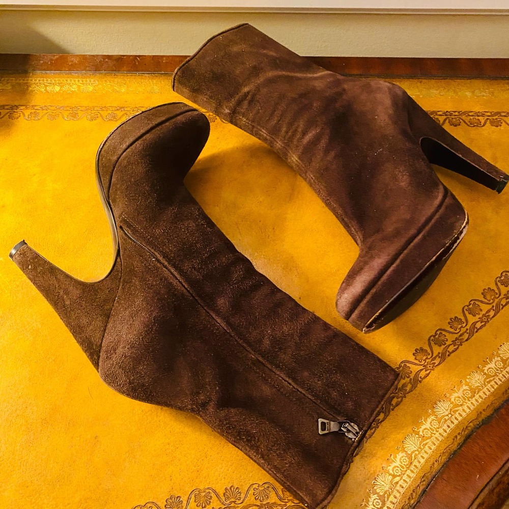 Prada Chocolate Brown Suede Platform Heeled Mid Calf Boots - Picture 2 of 12